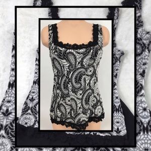 WHBM WOMENS BLACK AND WHITE LACE TRIMMED BODICE CAMI M